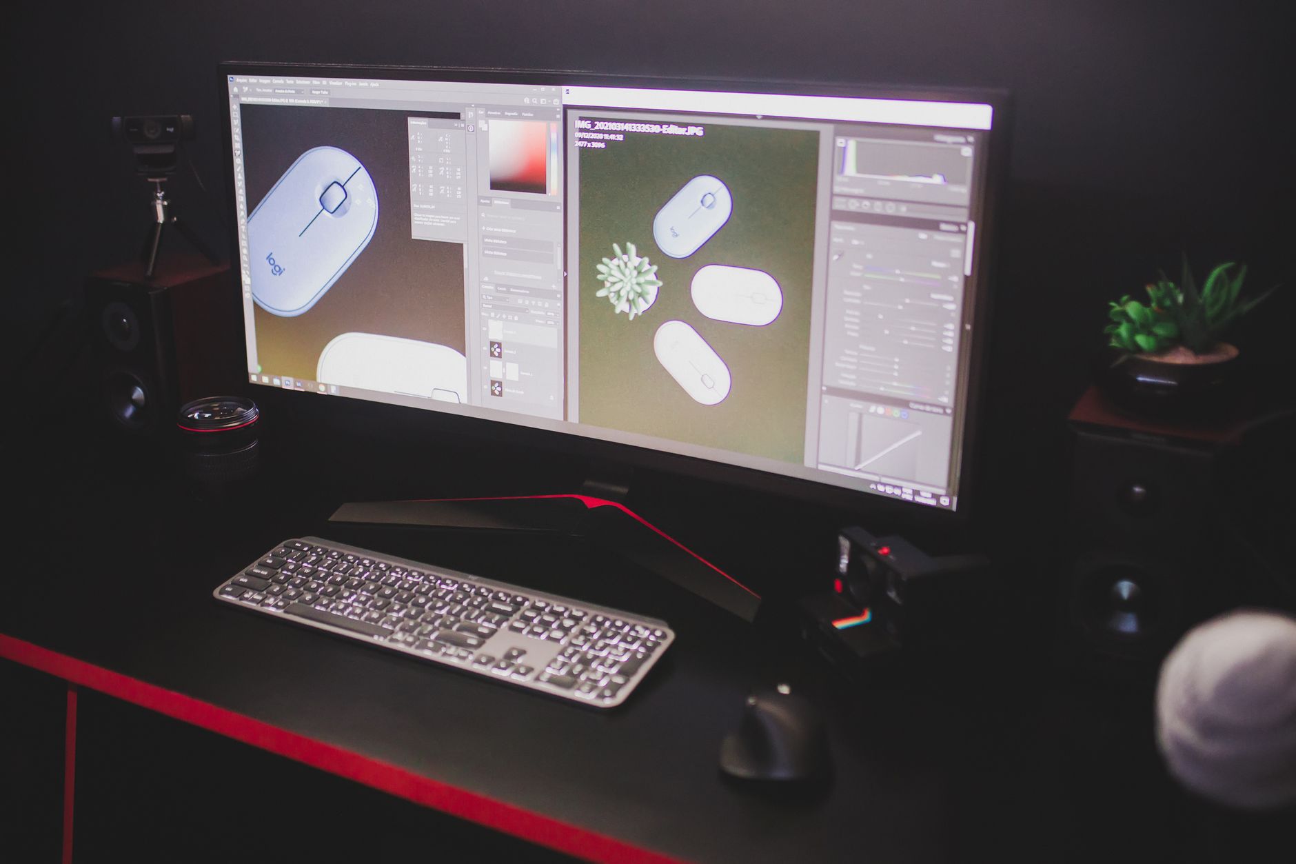 Black motorized gaming desk with dual monitors and clean cable tray