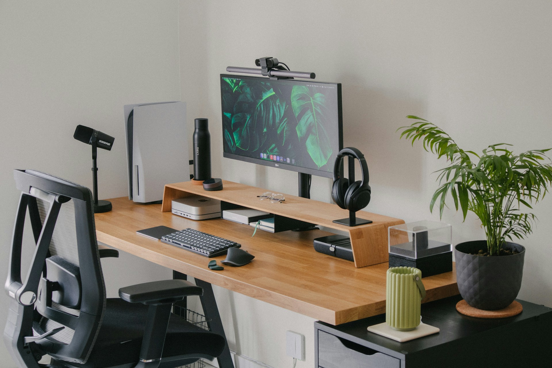 Modern ergonomic desk setup with monitor and clean workspace