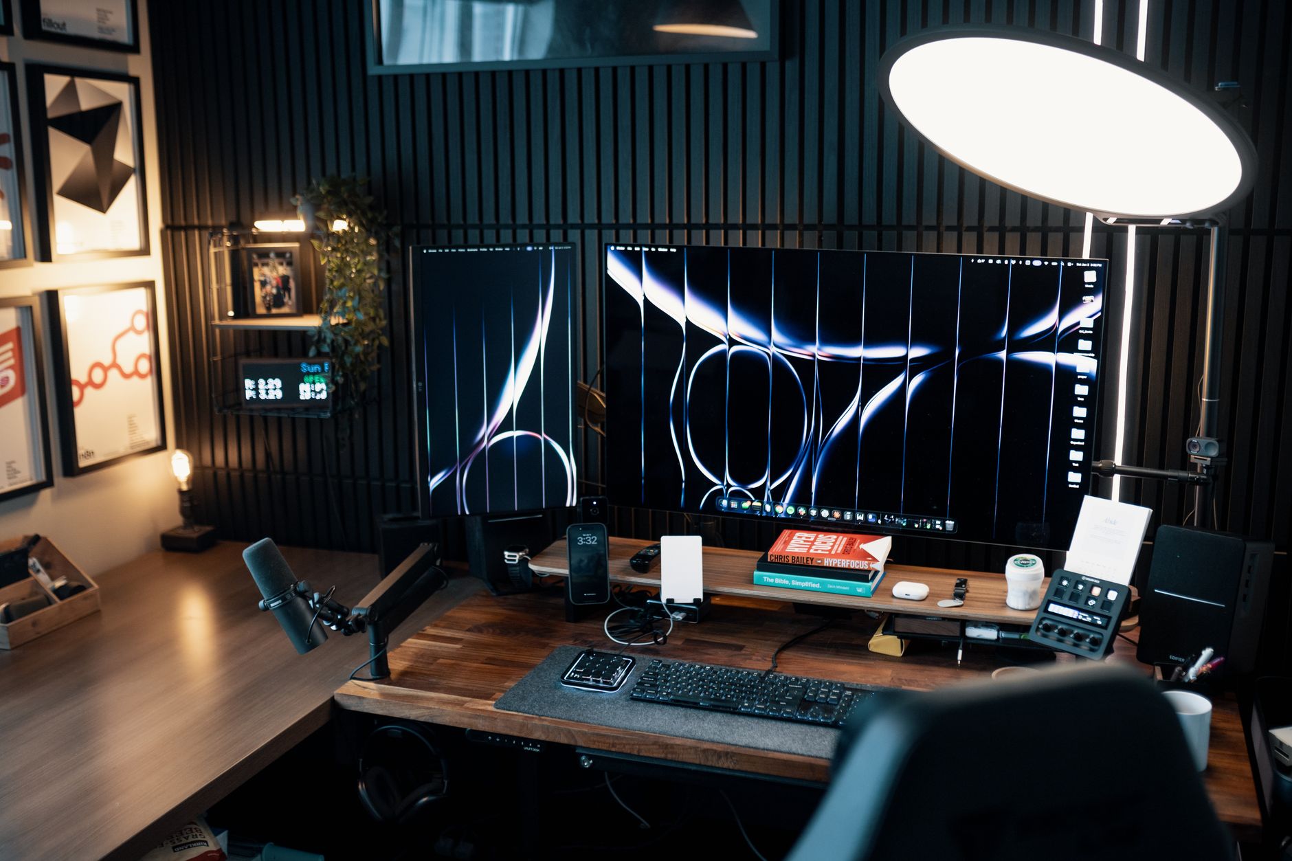 Sit stand desk riser with dual monitors on office desk